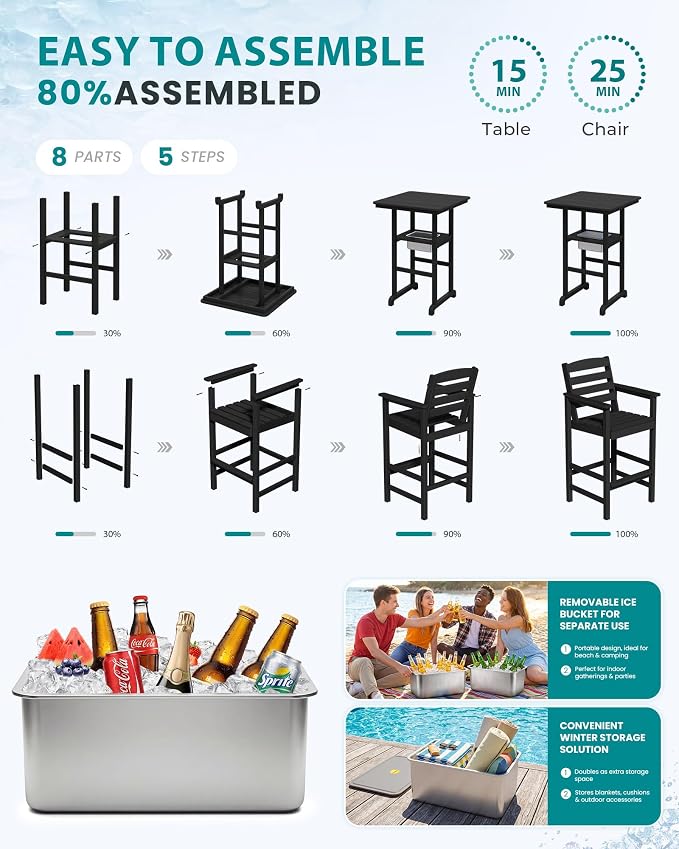 SERWALL Adirondack Bar Chairs and Table 5 Pieces Set with Umbrella, HDPE Bar Height Chairs Set of 2 and Bar Table with Ice Bucket, Outdoor Bar Stools Set for Balcony, Poolside, Backyard, Black