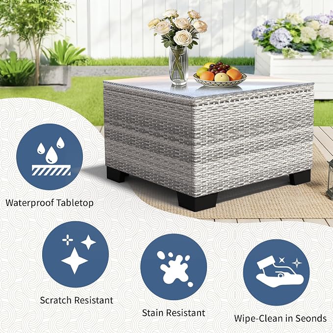 YLGJ&TIDY 7-Piece Outdoor Sectional Patio Furniture Set, All-Weather Wicker Rattan Sofa w/Thick Washable Cushions & Tempered Glass Table, Perfect for Garden, Poolside, Backyard (7, Gray White&Blue)