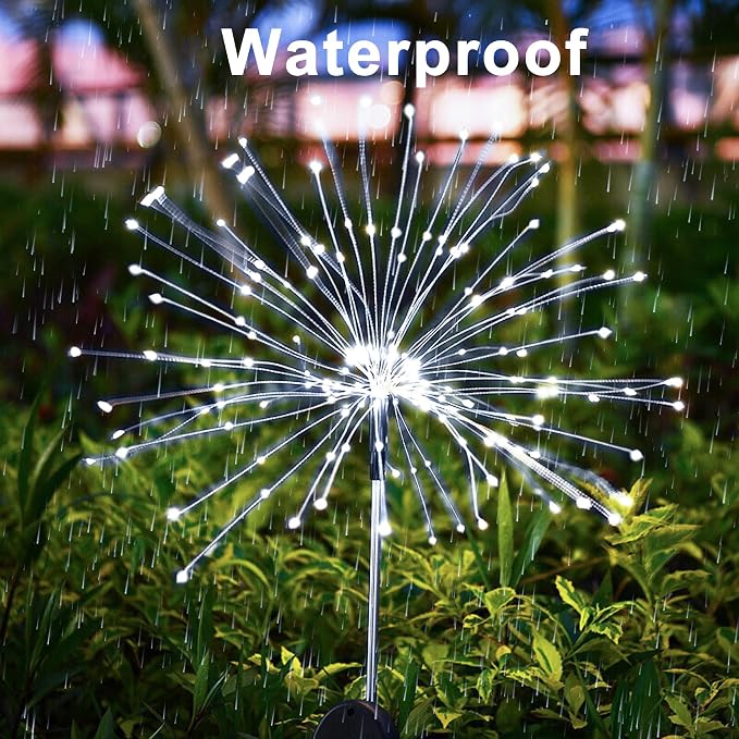 Solar Firework Lights, 2 Pack 120 LEDs 2 Lighting Modes Solar Garden Lights Outdoor Waterproof for Yard Patio Walkway Pathway Party Wedding Christmas Decorative- Cool White