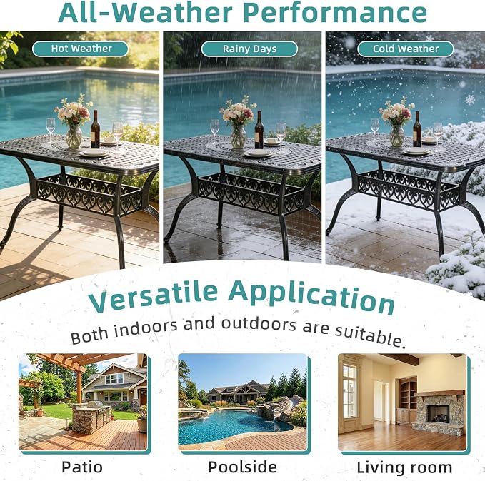 MEETWARM Outdoor 60" Rectangular Patio Dining Table, All Weather Cast Aluminum Large Patio Furniture Table Fits for 6-8 Person with 2" Umbrella Hole, Dark Bronze