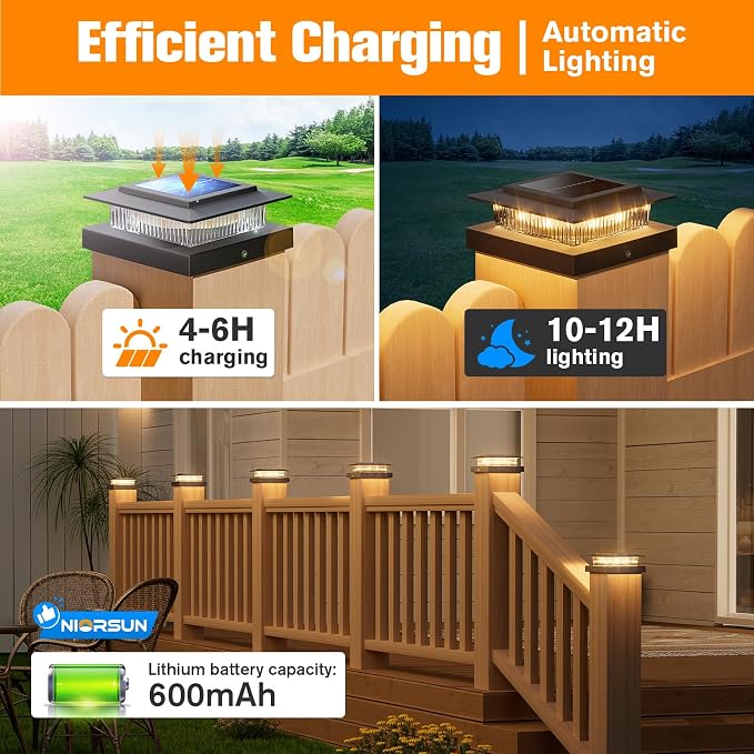 4x4 Post Solar Lights with 2 Modes, Solar Post Lights, 6 Pack Black | Solar Post Cap Lights for 4x4 Post Caps Wood Vinyl,IP44 Waterproof Fence Post Solar Lights Outdoor, Solar Deck Post Light