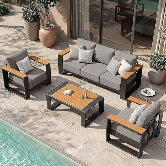 Oversized Aluminum Patio Furniture Set, 4 Pieces Luxury Outdoor Furniture Set with 7.1" Extra Thick Cushion, Modern Outdoor Sectional with Coffee Table for Porch, Garden and Deck, Gray