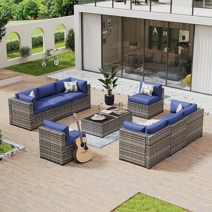 Aoxun 10 Piece Patio Furniture Set Wicker Rattan Patio Conversation Set Outdoor Sectional Sofa Set with Coffee Table and Thickened Cushions, Gray/Blue