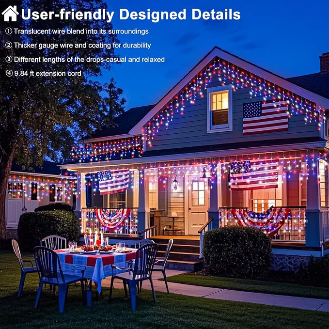 Red White and Blue Icicle Lights for Outside – 33ft 400LED Outdoor Waterproof Christmas Lights, 4th of July Decorations Independence Day Patriotic Lights with 75 Drops for House Roof Window Fence