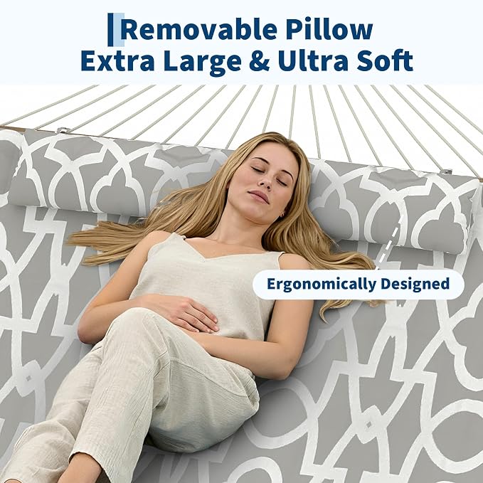 2 Person Outdoor Hammock with Stand - Cotton Rope & Soft Polyester Pad - Adjustable Steel Frame - Durable & Comfortable for Patio, Backyard, Garden, Beach - Light Gray Stripes