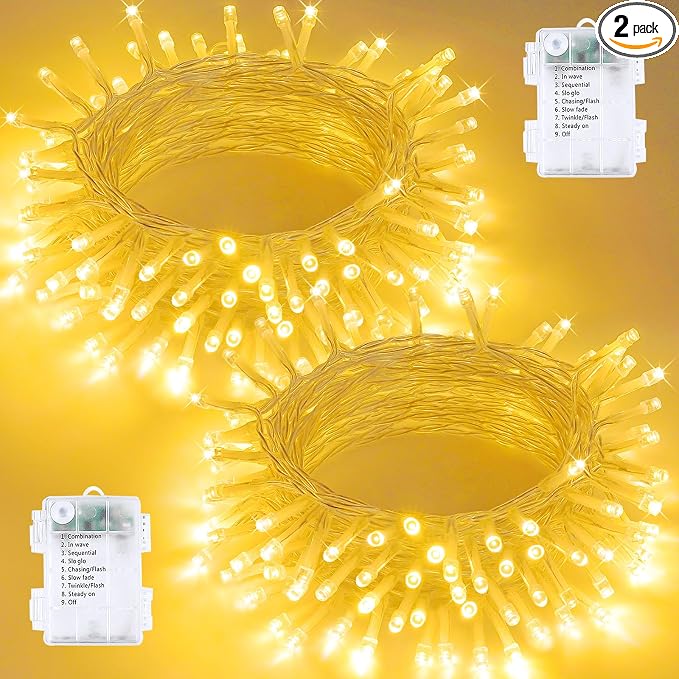 2 Pack 100 LED Battery Operated String Lights, 8 Modes Twinkle Fairy Lights | 33FT Warm White Christmas Lights Indoor Outdoor, Waterproof Battery Lights for Bedroom Party Porch Tree Holiday Decorations