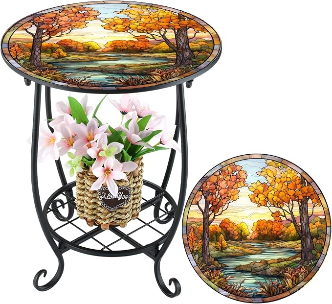 Cinnvoice Outdoor Side Table Round Small Mosaic Patio Accent Indoor End Plant Coffee Tea Table for Yard Patio Porch Garden Living Room, Bedroom(Fall Style,14 Inch)
