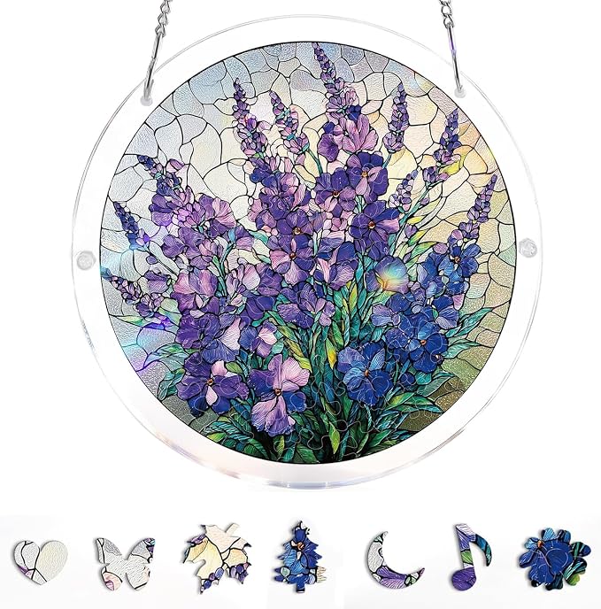 Acrylic Jigsaw Puzzle Suncatcher-Violet Garden Grace, Stained Glass Window Hanging, Home Decor Creative Mom Gifts, Birthday Gifts for Women,Wife, Sisters, Aunt, Besties 7.4in (Violet)