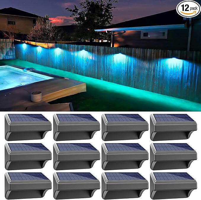 Aulanto 12 Pack Solar Fence Lights, IP65 Waterproof Outdoor Lights with Warm White and RGB Color Modes for Backyard, Garden, Wall, Deck, Stairs