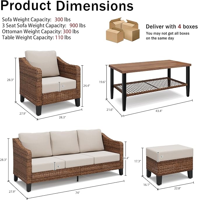 6-Piece Patio Conversation Sets, Outdoor Sectional Sofa with Ottoman & 2-Tier Coffee Table, Modular Wicker Furniture for Backyard, Garden