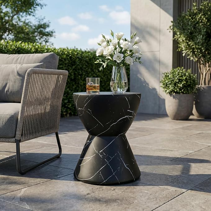 Outdoor Side Table, Black Marble Finish, Hourglass Shape