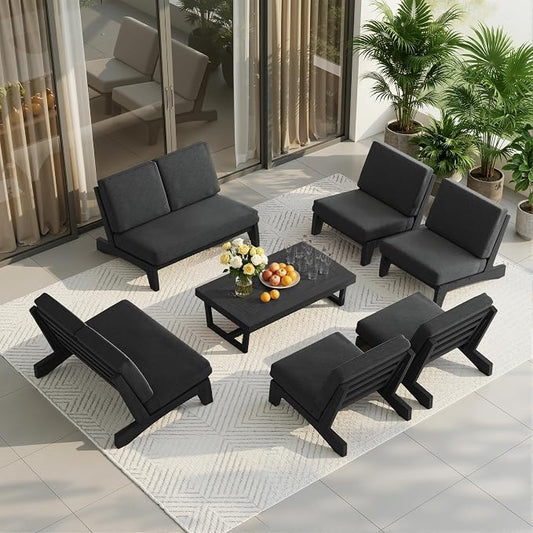 7 Pieces All Weather Black Wood Patio Furniture Sets, 2 Patio Loveseat, 4 Patio Bistro Chair, Outdoor Sectional Sofa Furniture Backyard Conversation Set with Coffee Table - Dark Gray