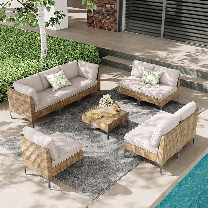 Jing's Villa 9-Piece Outdoor Patio Furniture Set,Rattan Conversation Sectional Sofa w/Coffee Table, All-Weather Patio Conversation Set with Thick and Anti-Slip Cushions for Backyard,Deck,Beige