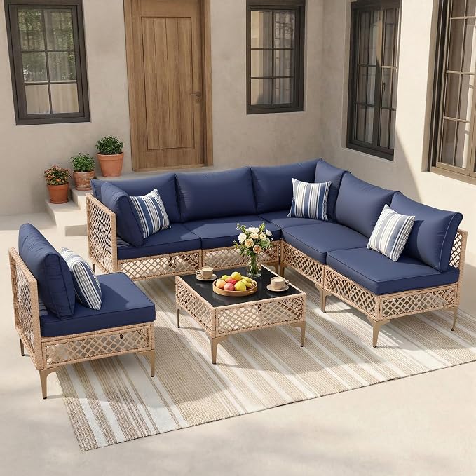 FHFO 7 Piece Outdoor Wicker Patio Furniture Set, Yellow/Blue | Sectional Sofa | All-Weather Hand-Woven Rattan | Tempered Glass Coffee Table | Free Combination | Indoor & Outdoor Use