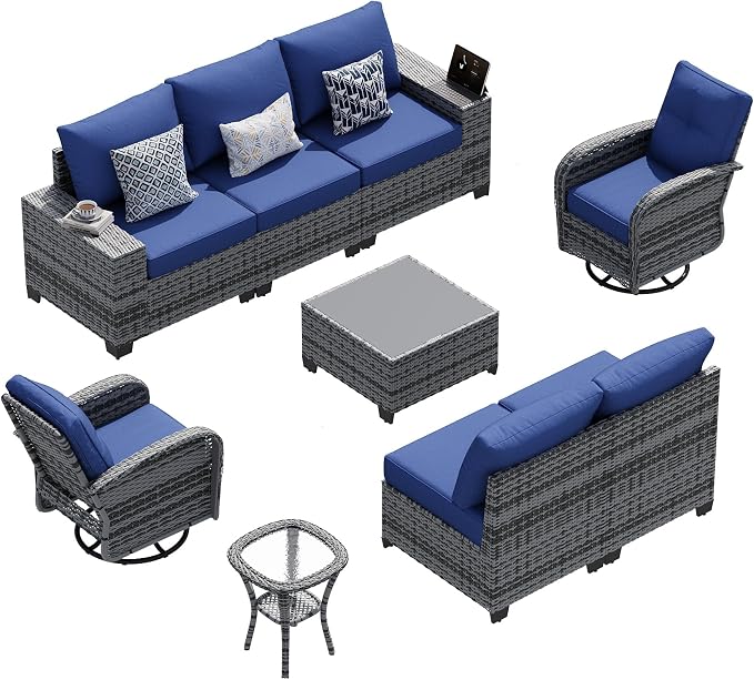 LazySunsets 9 PCS Patio Furniture Set, Outdoor Sectional All-Weather Wicker Conversation Set with Swivel Rocker Chairs, 4'' Thick Cushions for Backyard Poolside(Navy/Grey)