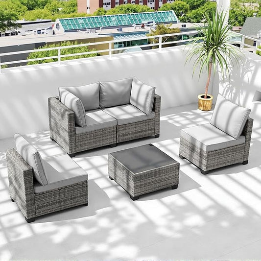 5-Piece Outdoor Patio Furniture Set, PE Rattan Weaving Sofa with Light Grey Cushions and Steel Frame, Coffe Table Included, Outdoor Conversation Set Grey