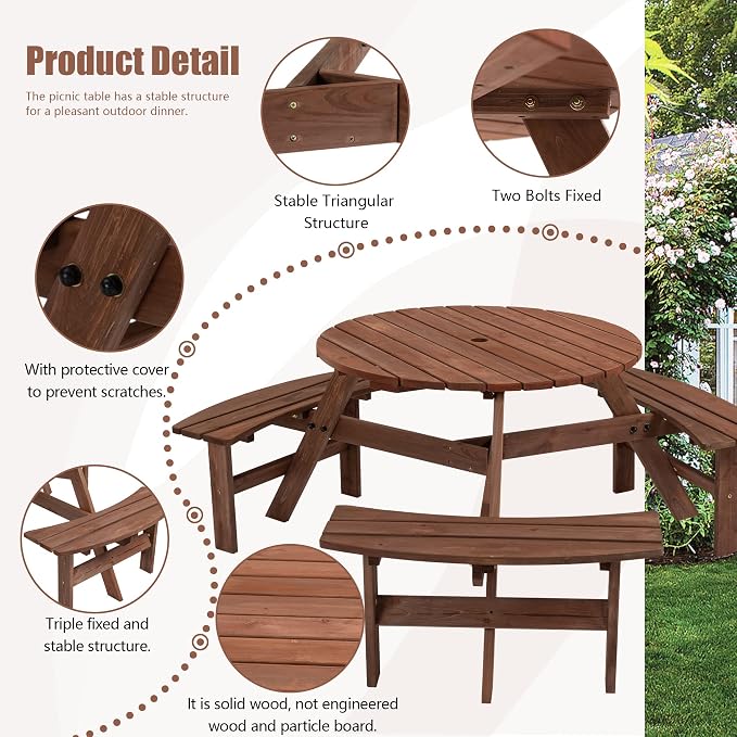 SSLine 6-Person Solid Wood Picnic Table Outdoor Round Picnic Table and Bench Set with Umbrella Hole Outside Wooden Table and Chairs Set for Patio Backyard Garden Lawn (Dark Brown)