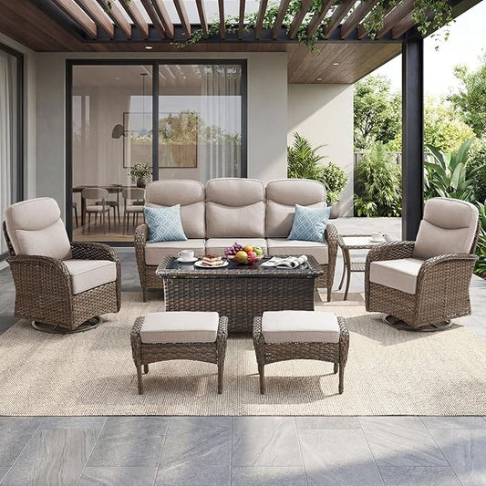 Outdoor Swivel Rocking Chair Patio Set (7-Piece), High-Back - Thick Cushion Swivel Rocking Chair Patio Set, All-Weather Wicker Patio Furniture Set, Suitable for Balcony Patios, Brown/Beige