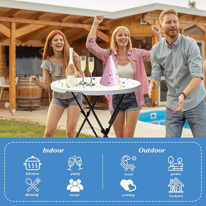 32in Round Folding Cocktail Table Bar Height White 2 PC | 32in round folding bar height table set, detachable legs, portable for indoor outdoor weddings parties events, 2 pack