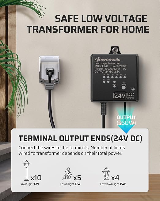 DEWENWILS 60W DC Low Voltage Transformer with Timer & Photocell Sensor | 120V AC to 24V DC, Timer & Photocell Sensor, Outdoor Weatherproof for LED Lights, Spotlights, Pathway Lights