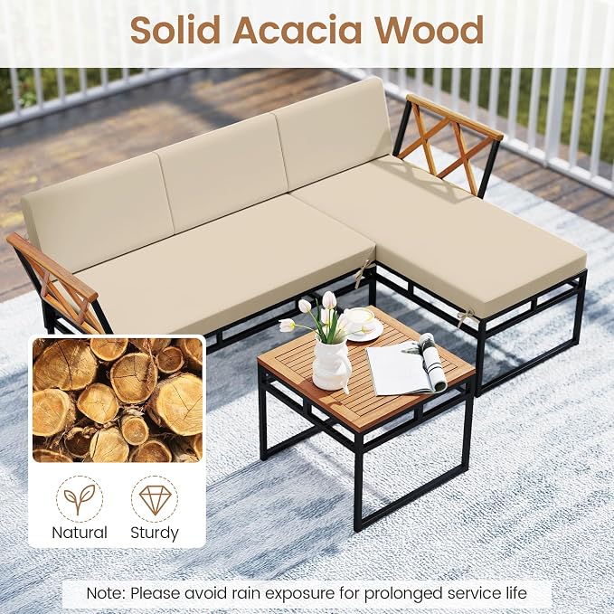 Tangkula 3 Pieces L-Shaped Outdoor Furniture Set, Acacia Wood Patio Sectional Cushioned Conversation Sofa with Square Coffee Table, for Porch, Backyard & Poolside (Beige)