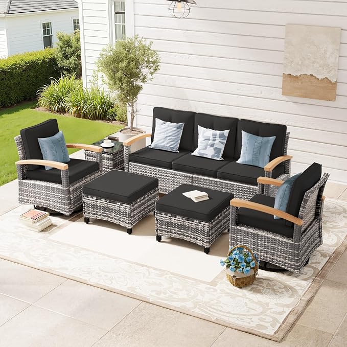 MEISSALIVVE 6 Pieces Patio Furniture Sets,Wicker Patio Conversation Sets with 2 Wood Armrests Swivel Glide Chairs, 2 Ottomans for Deck Yard and Poolside (Black)