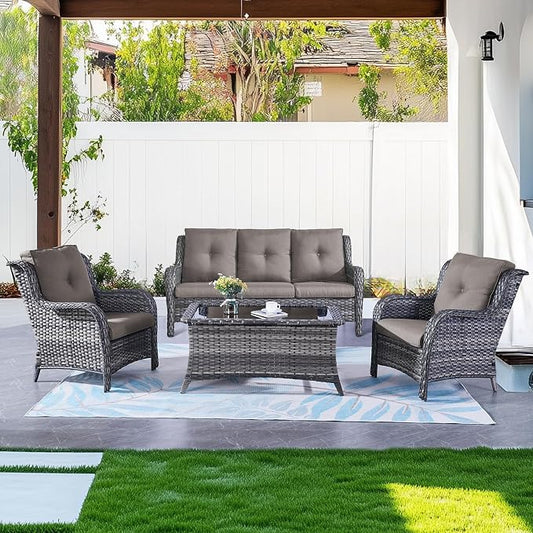 Belord Patio Wicker Furniture 4 Pieces Outdoor Furniture Set Patio Sofa Set with Wicker Chairs and Coffee Table, Paito Conversation Set for Porch Garden Deck Balcony Poolside