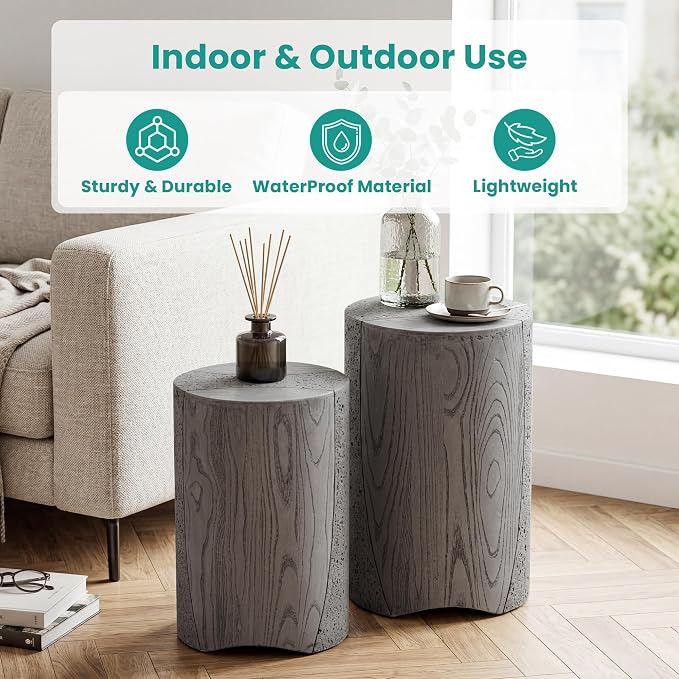 SUNBURY Outdoor Side Table, Set of 2 Round Concrete Side Table Nesting for Patio, Outdoor Decorative Accent End Table in Wooden Pattern, Ceramic Garden Stool for Yard, Pool, Grey