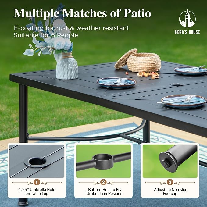 HERA'S HOUSE 64" Outdoor Dining Table with Umbrella Hole, Rectangular Patio Garden Backyard Lawn Table