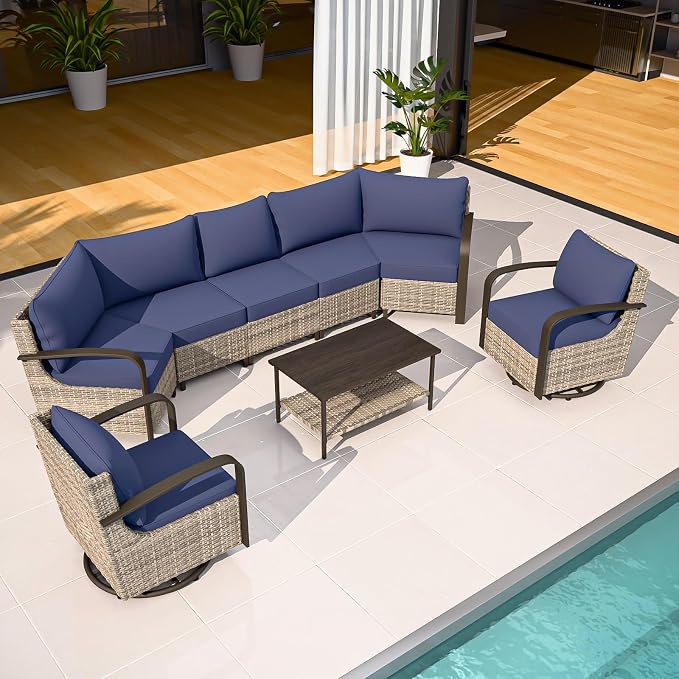 COOS BAY Aurora Terrace 6 Piece Outdoor Sectional Furniture Set, Half Moon Rattan Wicker Conversation Set with Swivel Chairs, 5 Seat Sofa & Coffee Table for Patio Garden Yard, Beige/Blue