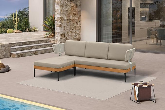 PURPLE LEAF Patio Furniture Set Outdoor Sectional Sofa with Fade-Resistant Cushions Wicker L-Shaped 4 Pieces Aluminum Conversation Sets with Ottoman for Balcony Yard Garden Poolside, Taupe