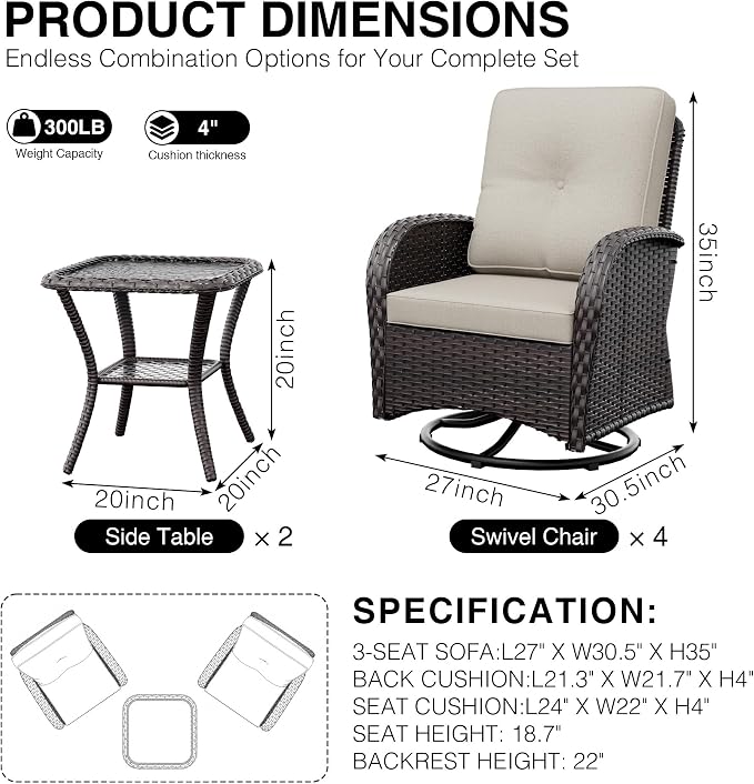 Joyside Wicker Patio Furniture Set, 6 Piece Outdoor Furniture Set with Thickened Cushions, High Back, Deep Seating, Wide Armrest, Outdoor Swivel Rocker Chairs for Porch, Deck