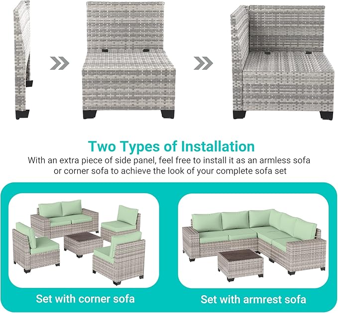 8-Piece Outdoor Patio Furniture Set Wicker Sectional Sofa Set with Ottomans, Patio Conversation Set with Thickened Cushions & Coffee Table for Garden, Backyard, Poolside, Light Green