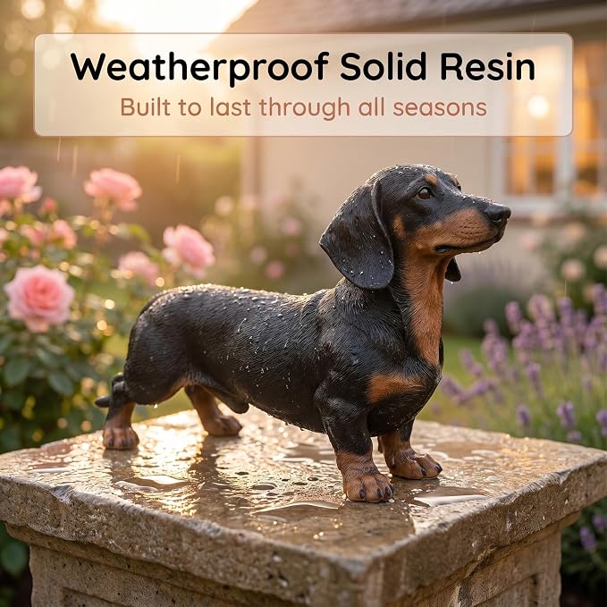 26.38" Black & Tan Dachshund Statue | Realistic Resin Dog Garden Decor, Outdoor Gardens, Sturdy Base