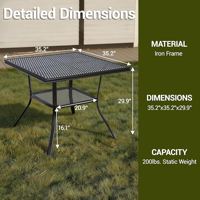 Outdoor Patio Dining Table for 4 People, 35.2" All Weather Hand-Woven PE Rattan Square Table for Garden Backyard Porch Poolside, Black&White