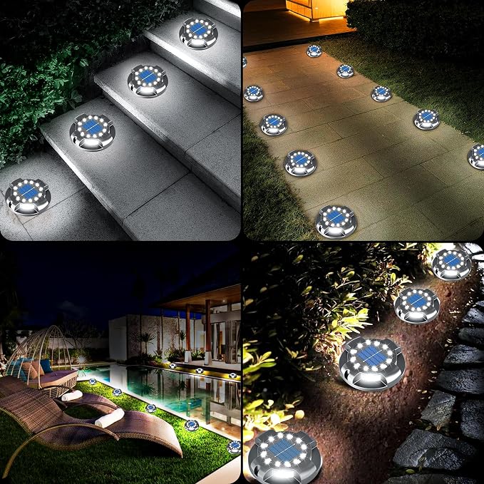 Solar Ground Lights 12 Pack, 4.3" Bright White 16 LEDs Solar Pathway Lights | Solar Deck Light with Uplights and Sidelights, Outdoor Waterproof for Yard Walkway Garden Poolside Driveway Decoration