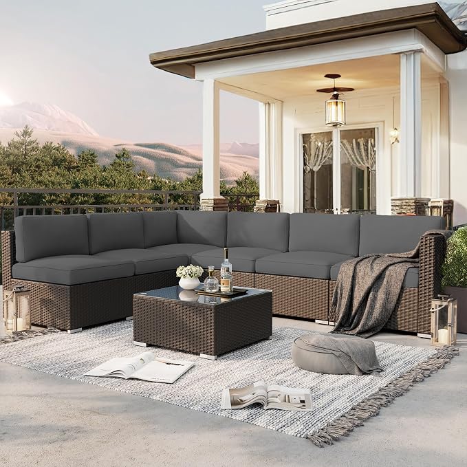 SUNCROWN 7-Piece Outdoor Patio Furniture Sofa Set All-Weather Black Wicker Sectional Conversation Set with Modern Glass Coffee Table and Cushions, Garden, Backyard, Deck, Poolside,Dark Grey