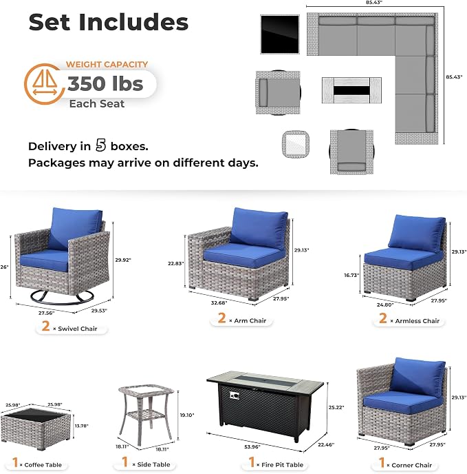 ovios 10 Pieces Patio Furniture Set, Outdoor Wicker Sectional Sofa with 54" Fire Pit Table Swivel Chairs, Modern Modular Deep Seat Rattan Couch Conversation Sets, Navy Blue