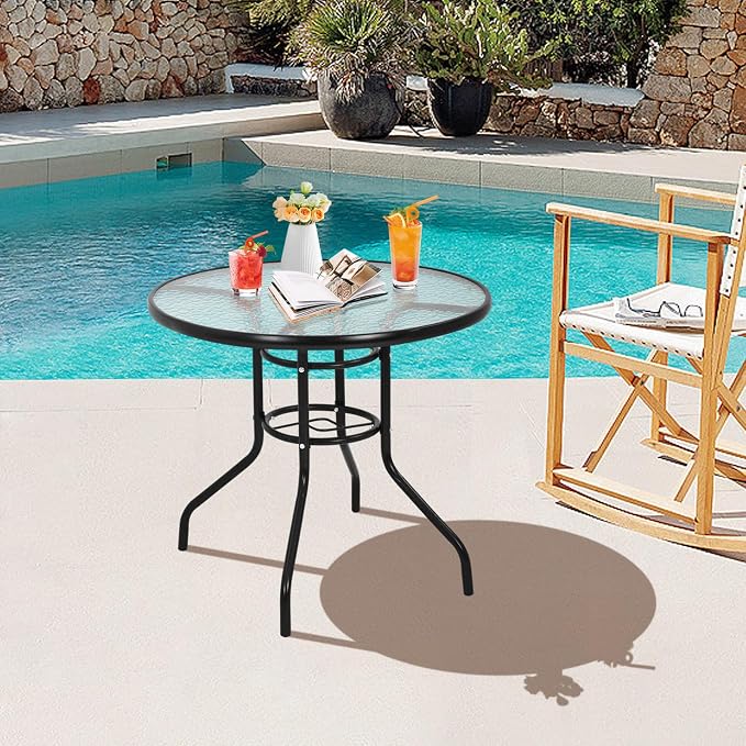 Outdoor Dining Bistro Table 32”Tempered Glass Patio Table, Round Patio Table with Umbrella Hole for Outdoor Dining Bars Garden Lawn Balcony Yard