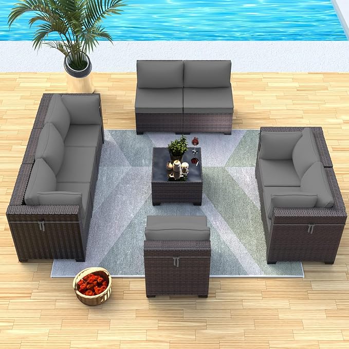 Outdoor Patio Furniture Set, 9 Pieces Outdoor Sectional Furniture Patio Set, All-Weather PE Rattan Patio Conversation Set with Tempered Glass Top Table & Cushions-Grey