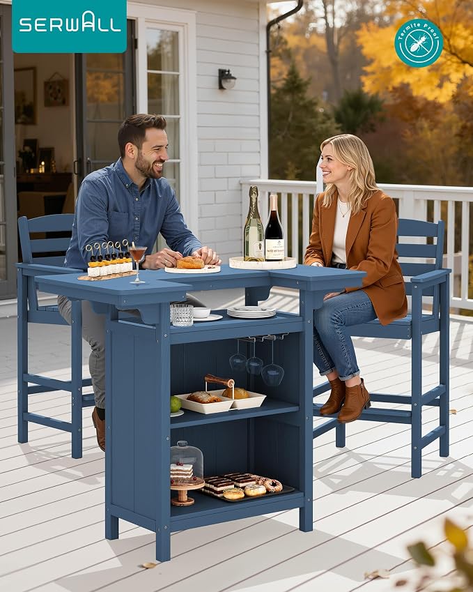 SERWALL Outdoor Bar Table Set (1 Table with 2 Chairs) – HDPE Blue Patio Bar Cabinet with 4-Tier Storage & Spacious Tabletop, Perfect for Outdoor, Poolside, Backyard