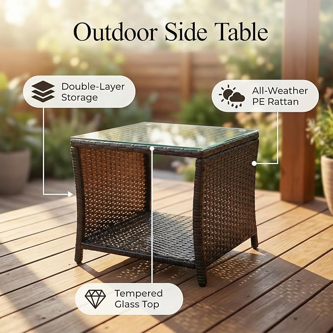 Outdoor Patio Wicker Table,Rattan Side Table,Modern Patio End Side Table with Glass Countertop and Storage Space,for Porch Garden Balcony