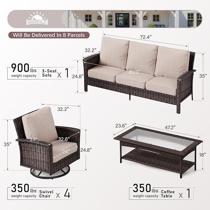 SUNSHINE VALLEY 6 Pieces Patio Furniture Set with Swivel Chairs, High Back Wicker Rattan Sofa with 5.5" Thick Cushion and Coffee Table, Outdoor Conversation Set for Garden Backyard Deck,Beige