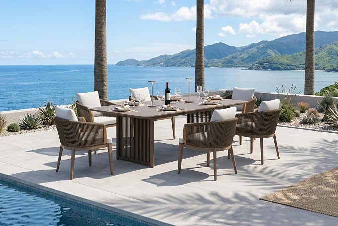 PURPLE LEAF 7 Pieces Outdoor Dining Set for 6, Aluminum Outdoor Patio Table and Chairs Set with Olefin Cushions, All-Weather Patio Dining Set for Garden or Deck, Brown