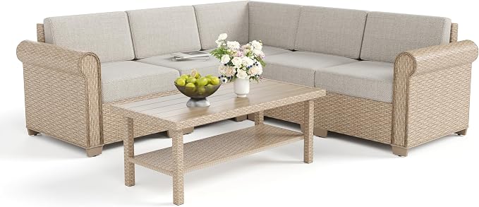 Patio Furniture Set 6 Piece, Wicker Rattan Sectional Sofa Couch with 5.5" Thick Waterproof Cushion and Coffee Table, L Shape All Weather Outdoor Conversation Set for Lawn Backyard Deck, Beige