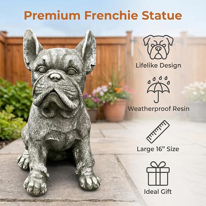 French Bulldog Statue, Grey, 16" Large Dog Garden Sculpture | Weatherproof Resin, Stone Effect, Realistic Frenchie Figurine, Outdoor Yard Patio Lawn Porch Decor