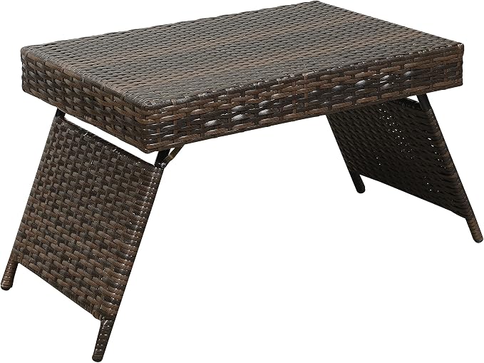 AC Pacific Portable Folding Wicker Table for Eating, Outdoor Deck Furniture with Weather-Resistant Rattan, Rectangle Foldable Patio Coffee Stand, Easy to Clean, 23 Inch Wide, Brown