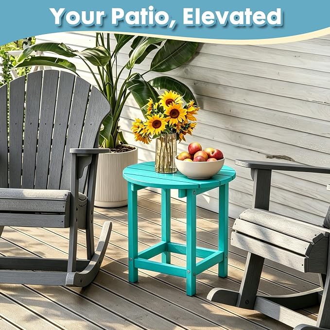 Outdoor Side Table, Adirondack Round 17" Patio Table, Easy Maintenance & Weather Resistant, HDPE End Table for Backyard, Pool, Patio, Porch, Tuoquise