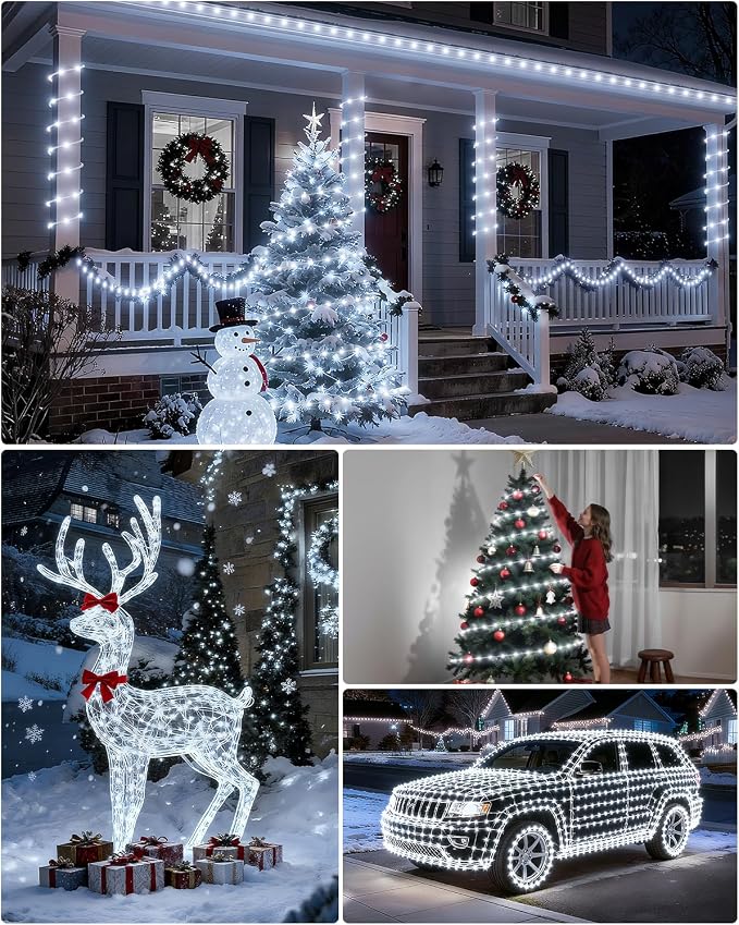 Solar Rope Lights, 66FT 200LED 1800mAh Outdoor IP67 String Lights (White) | Type C & Solar, With Remote, Waterproof, Timing, 8 Modes, for Garden Tree Pathway Yard Pool RV Christmas Decor
