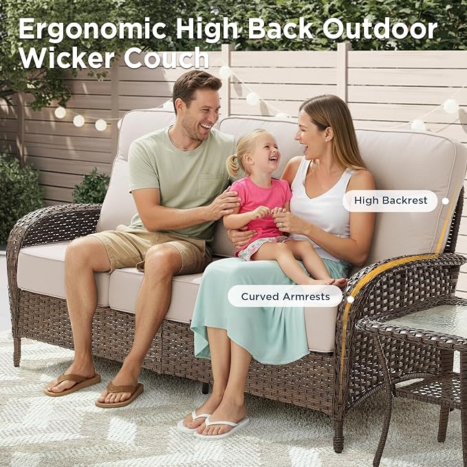 3 Pieces Luxury Patio Furniture Sofa Set with 6-Inch Thick Cushions, Outdoor Wicker Patio Furniture Covered Couch with Multifunctional Ottoman, Patio Conversation Set for Porch Garden, Beige